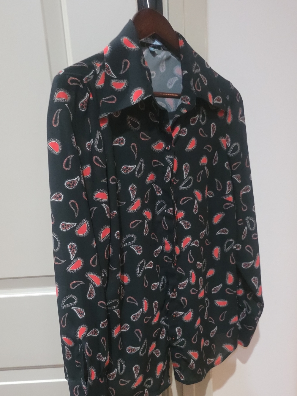 Black Paisley-Print Button-Up Blouse with Red Accents